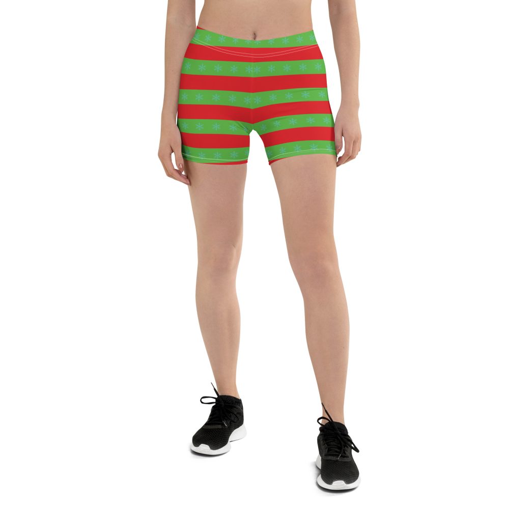 Christmas Shorts Red and Green Striped with Snowflakes