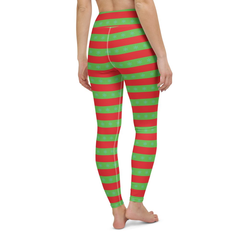 Christmas Yoga Leggings Red and Green Striped with Snowflakes - Image 8
