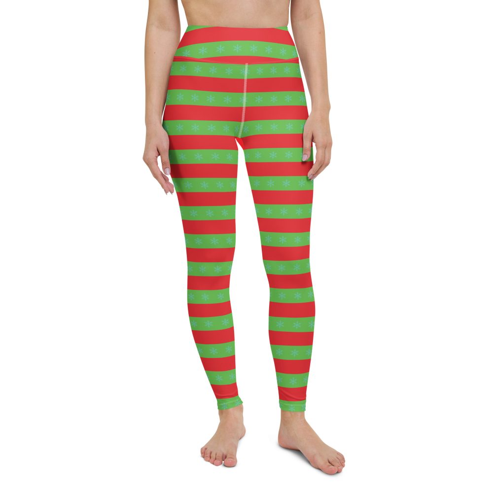 Christmas Yoga Leggings Red and Green Striped with Snowflakes