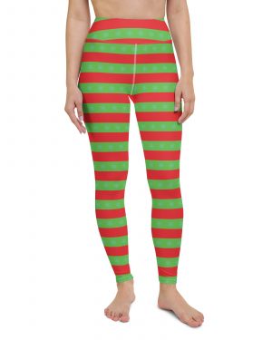 Christmas Yoga Leggings Red and Green Striped with Snowflakes