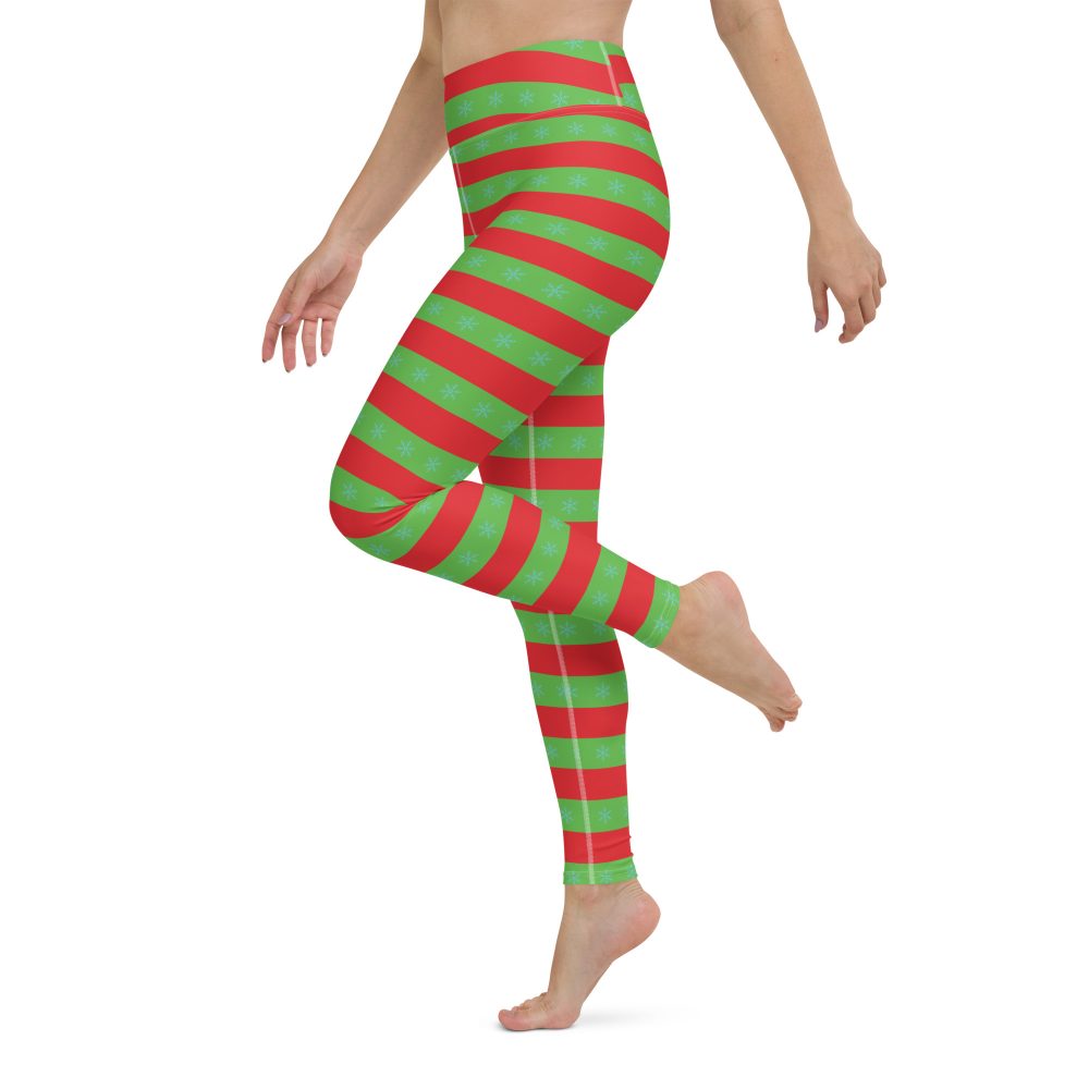 Christmas Yoga Leggings Red and Green Striped with Snowflakes - Image 4