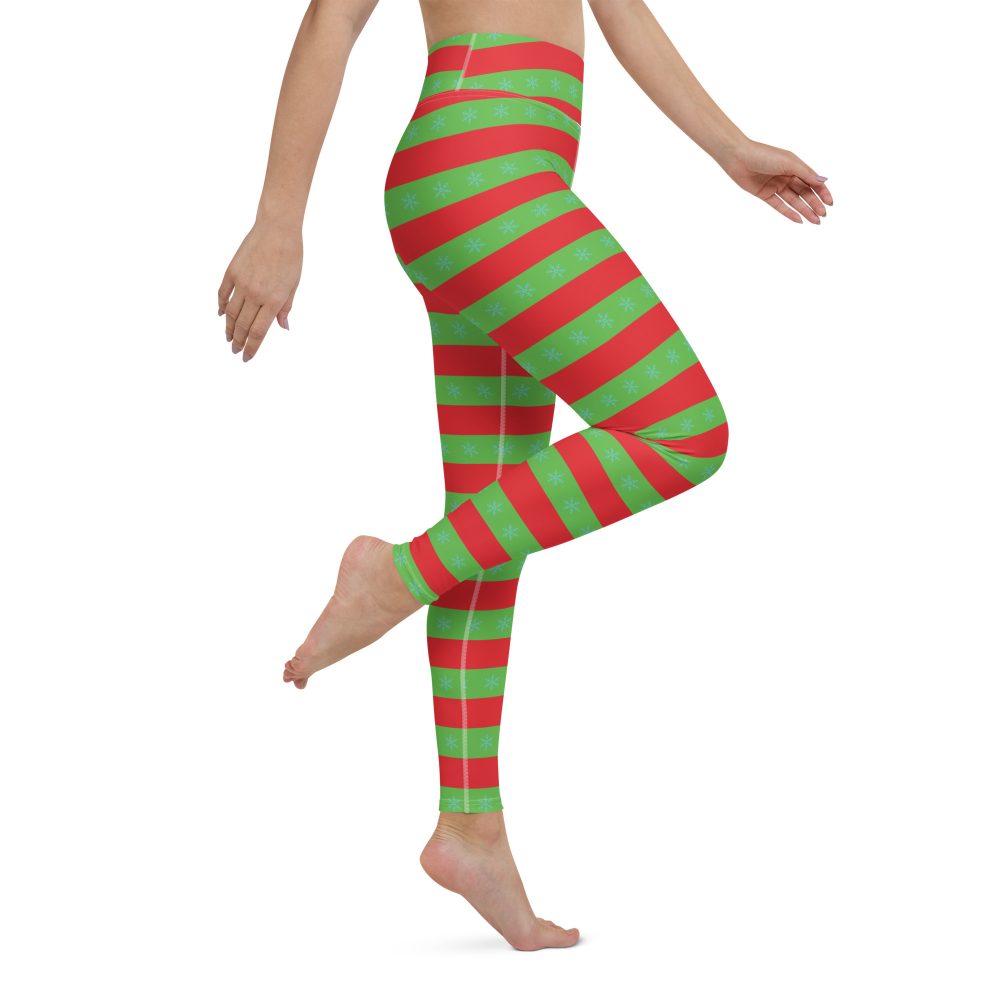 Christmas Yoga Leggings Red and Green Striped with Snowflakes - Image 6