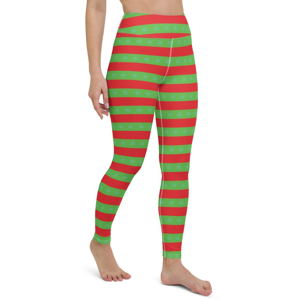 Christmas Yoga Leggings Red and Green Striped with Snowflakes - Image 7