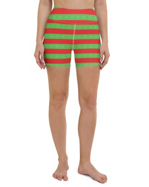 Christmas Yoga Shorts Red and Green Striped with Snowflakes