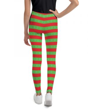 Christmas Youth Leggings Red and Green Striped with Snowflakes