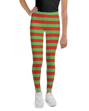 Christmas Youth Leggings Red and Green Striped with Snowflakes