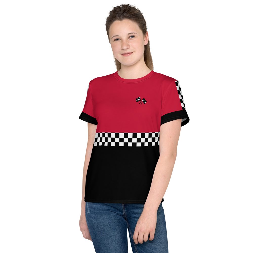 Teen Pit Crew Costume Checkered Flag Racing Crew Neck T-Shirt