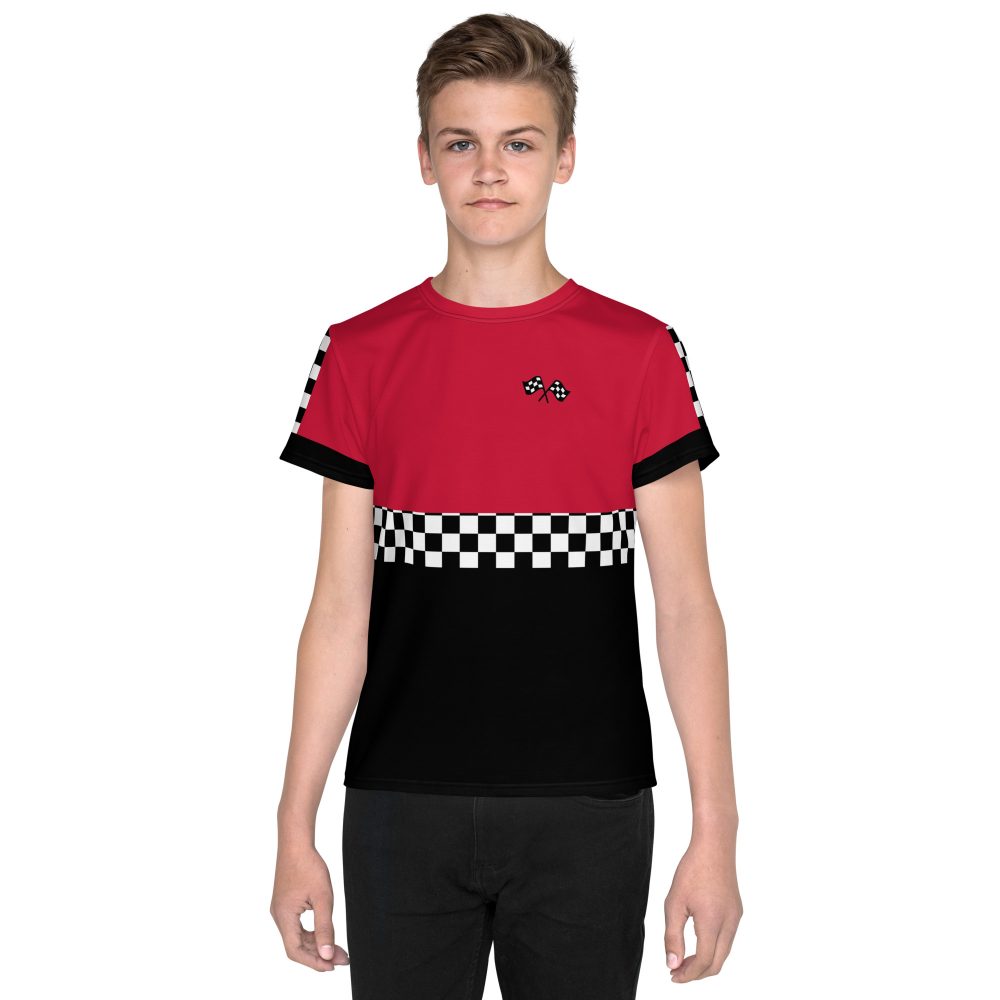 Teen Pit Crew Costume Checkered Flag Racing Crew Neck T-Shirt - Image 2