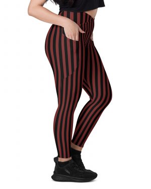 Maroon Red and Black Striped Pirate Costume Crossover leggings with pockets