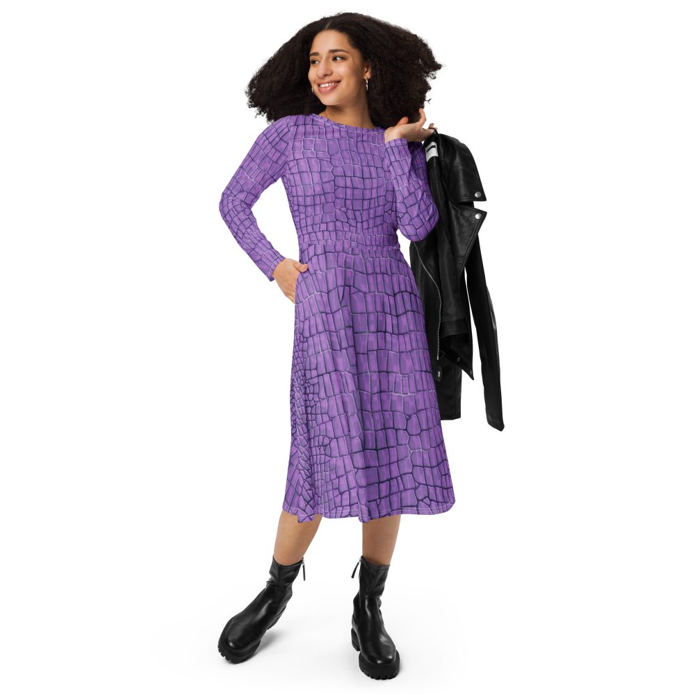Randall Costume Purple Lizard Dragon Reptile Long Sleeve Midi Dress - Image 2
