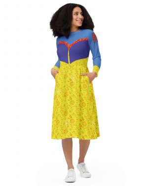 Snow White Costume Princess Cosplay Halloween Long Sleeve Midi Dress