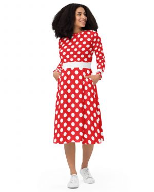 Mouse Costume Red and white Polka Dot Disney Bound Long Sleeve Midi Dress