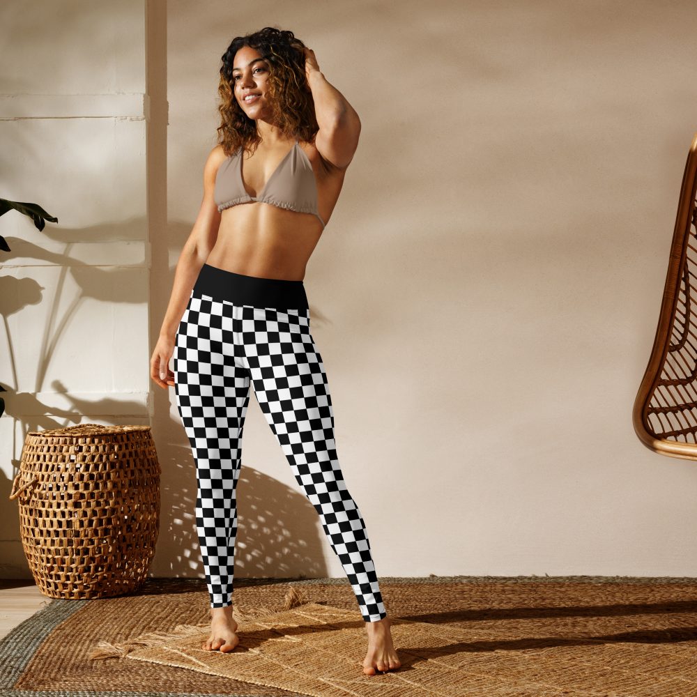 Checkered Black and White Chessboard Yoga Leggings - Image 2