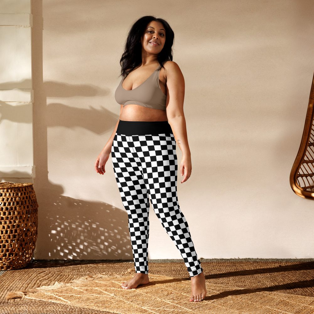Checkered Black and White Chessboard Yoga Leggings - Image 3