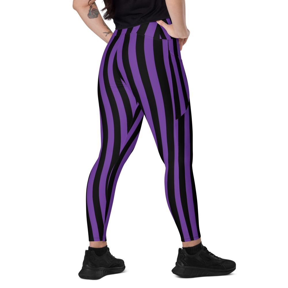 Violet - Purple and Black Striped Pirate Costume Crossover leggings with pockets - Image 7