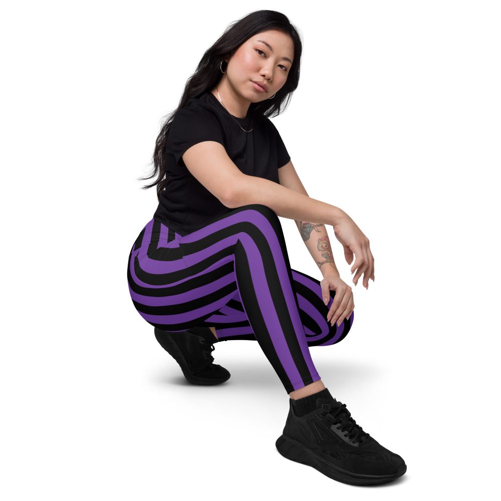 Violet - Purple and Black Striped Pirate Costume Crossover leggings with pockets - Image 2