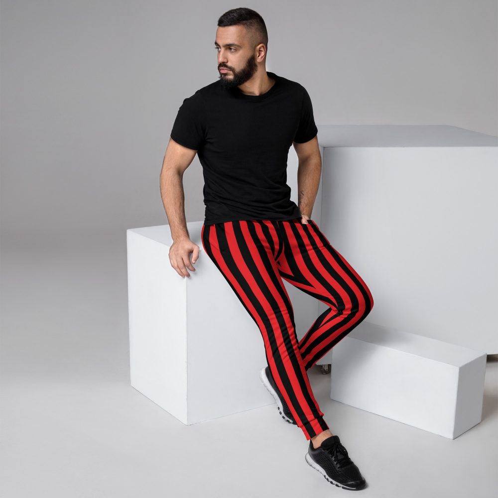 Red and Black Stripes Pirate Witch Goth Costume Striped Men's Slim Fit Joggers - Image 2