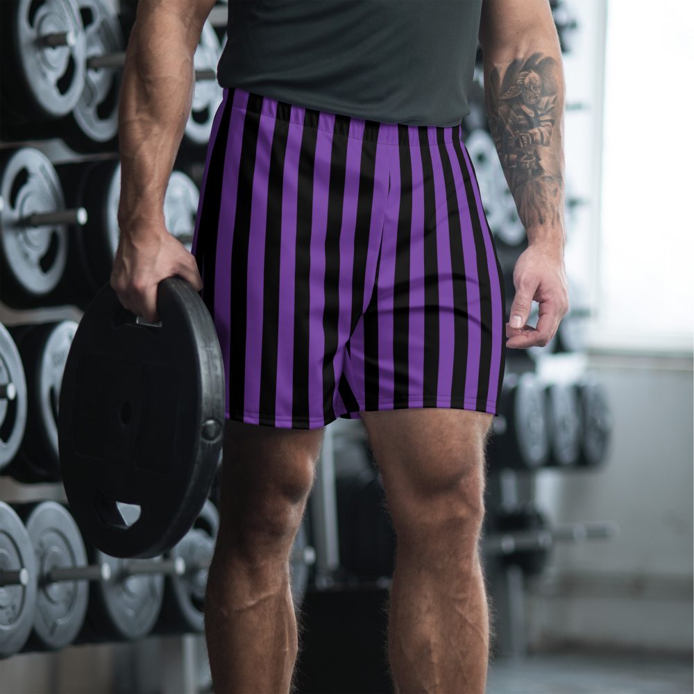 Violet – Purple and Black Stripes Pirate Witch Goth Costume Striped Men's Athletic Shorts - Image 2