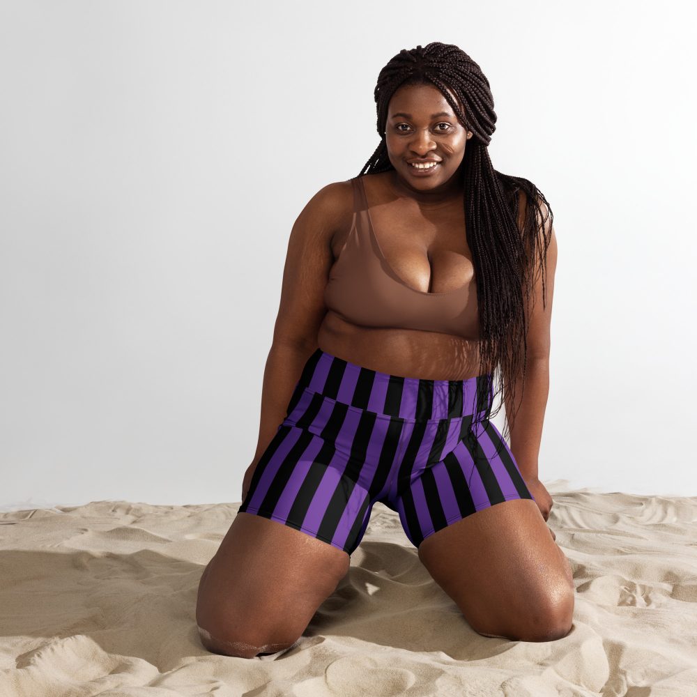 Violet – Purple and Black Stripes Pirate Witch Goth Costume Striped Yoga Shorts - Image 4