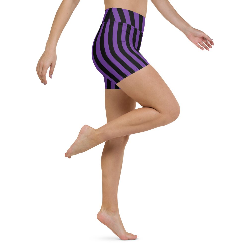 Violet – Purple and Black Stripes Pirate Witch Goth Costume Striped Yoga Shorts - Image 9