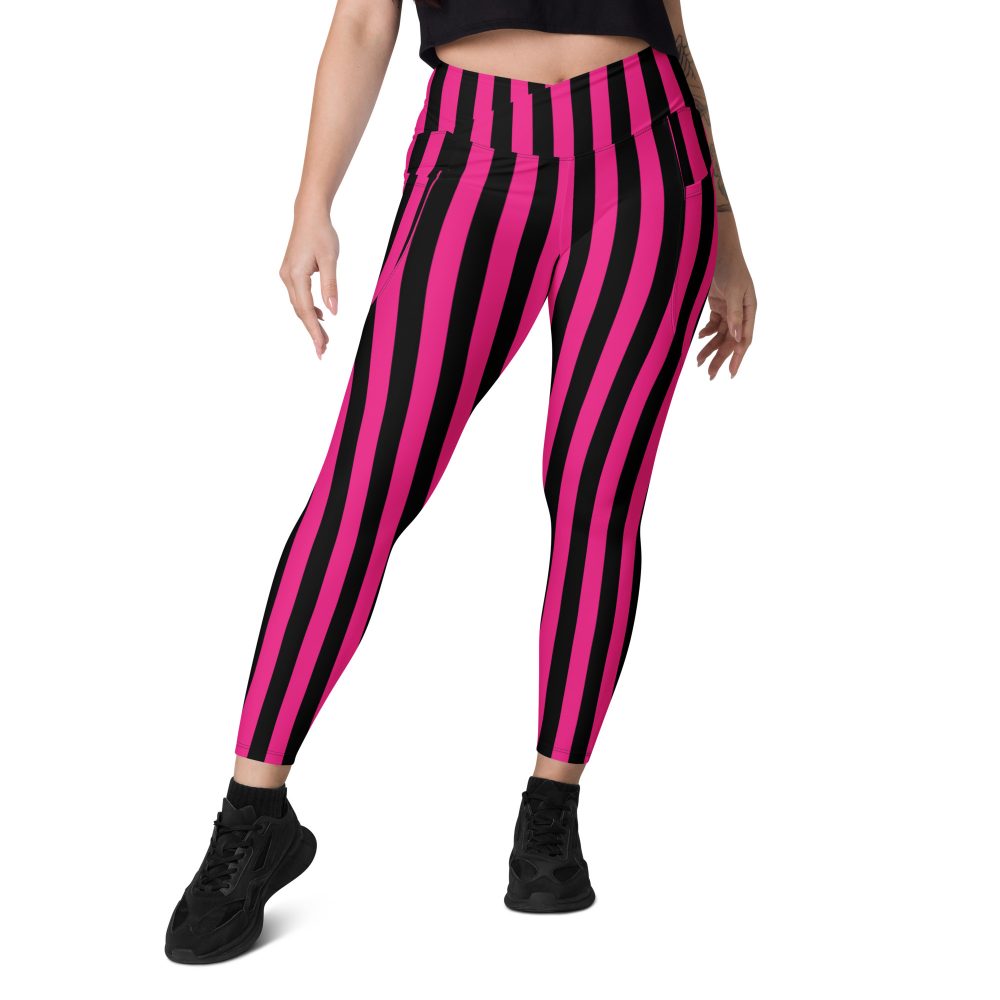 Pink Magenta and Black Stripes Pirate Witch Goth Costume Striped Crossover leggings with pockets - Image 10