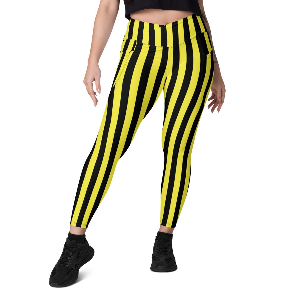 Yellow and Black Stripes Pirate Witch Goth Costume Striped Crossover leggings with pockets - Image 9