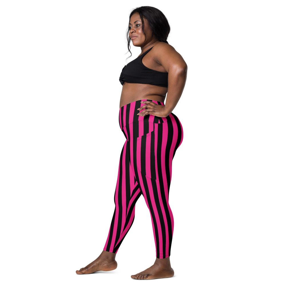 Pink Magenta and Black Stripes Pirate Witch Goth Costume Striped Crossover leggings with pockets - Image 6