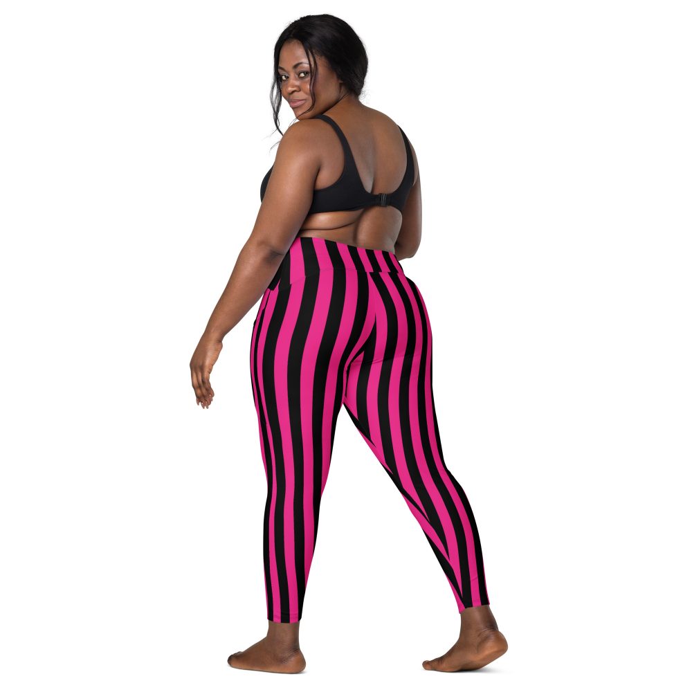 Pink Magenta and Black Stripes Pirate Witch Goth Costume Striped Crossover leggings with pockets - Image 5