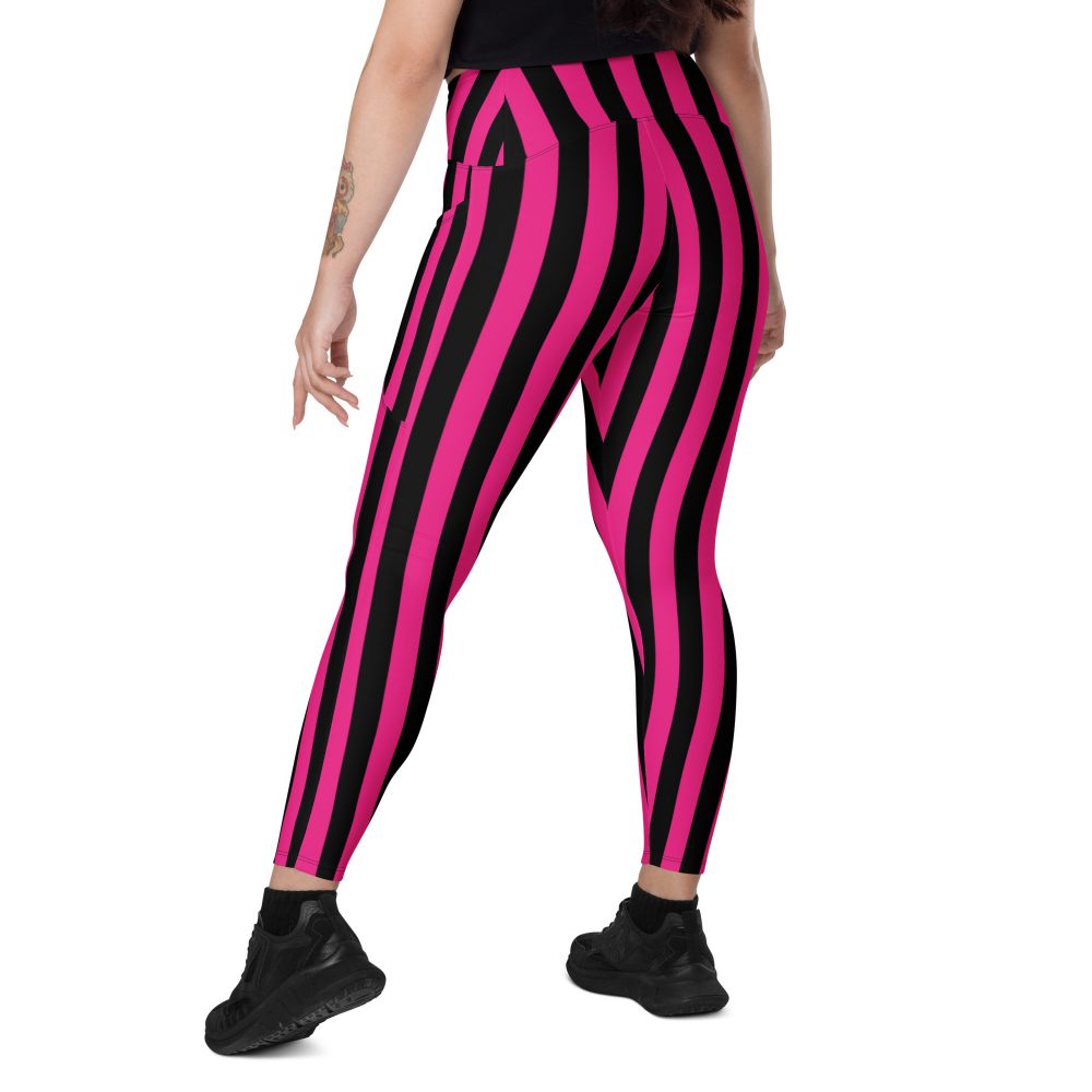 Pink Magenta and Black Stripes Pirate Witch Goth Costume Striped Crossover leggings with pockets - Image 9
