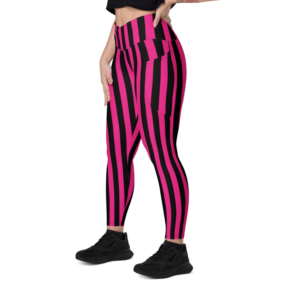 Pink Magenta and Black Stripes Pirate Witch Goth Costume Striped Crossover leggings with pockets - Image 12