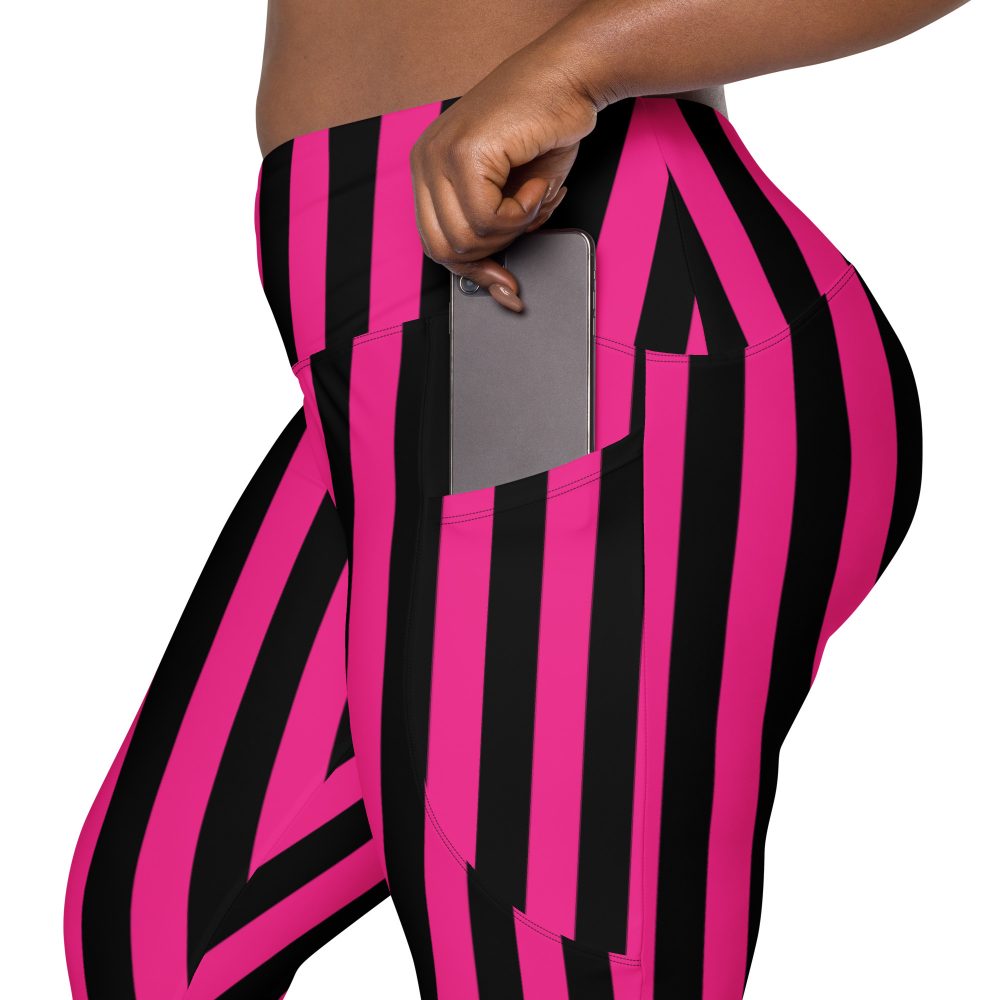Pink Magenta and Black Stripes Pirate Witch Goth Costume Striped Crossover leggings with pockets - Image 4