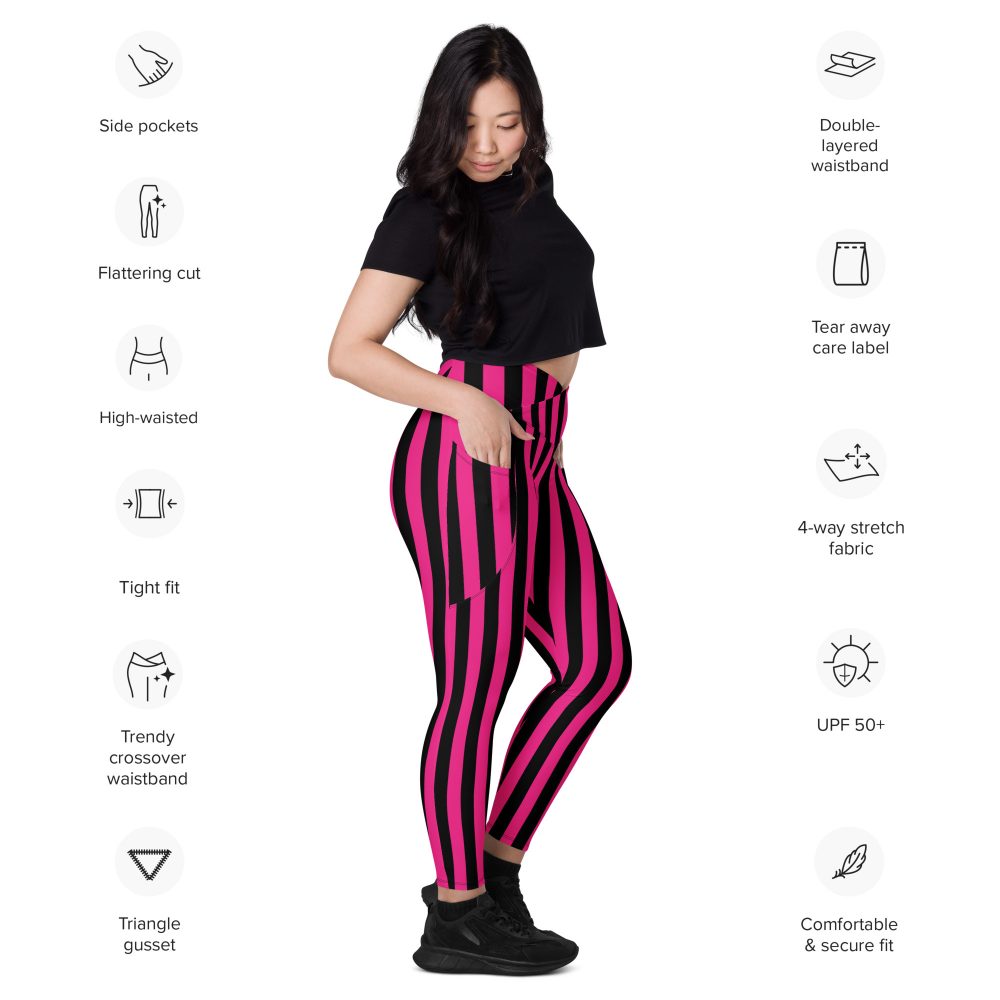 Pink Magenta and Black Stripes Pirate Witch Goth Costume Striped Crossover leggings with pockets - Image 3