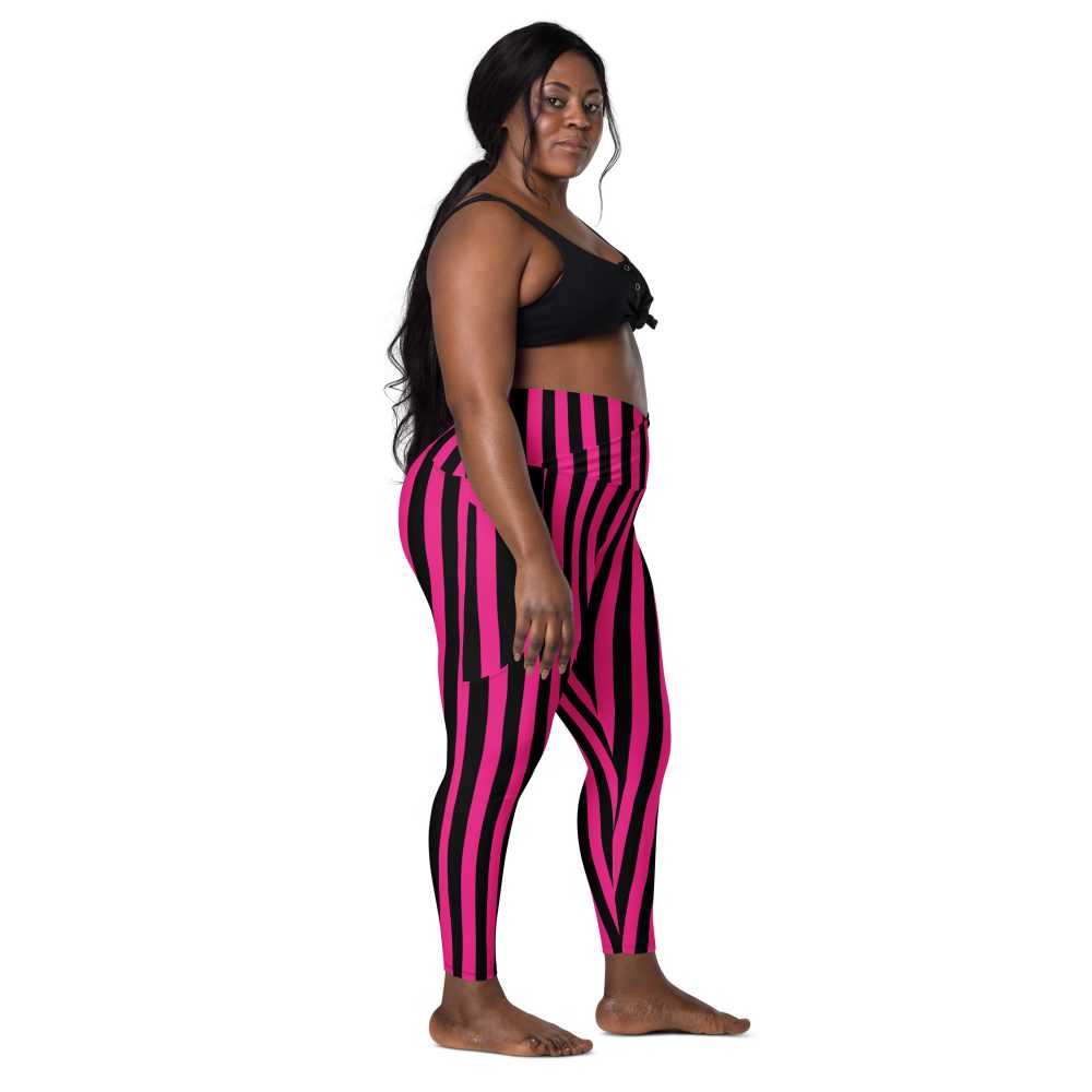 Pink Magenta and Black Stripes Pirate Witch Goth Costume Striped Crossover leggings with pockets - Image 7
