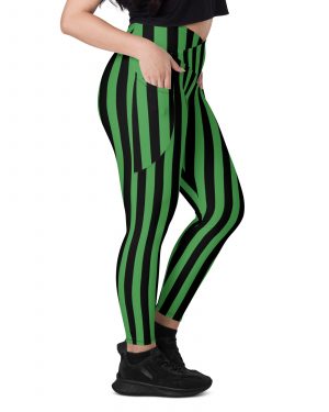 Green and Black Stripes Halloween Witch Pirate Costume Striped Crossover leggings with pockets