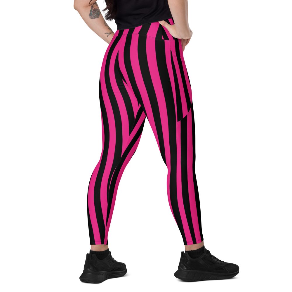 Pink Magenta and Black Stripes Pirate Witch Goth Costume Striped Crossover leggings with pockets - Image 8