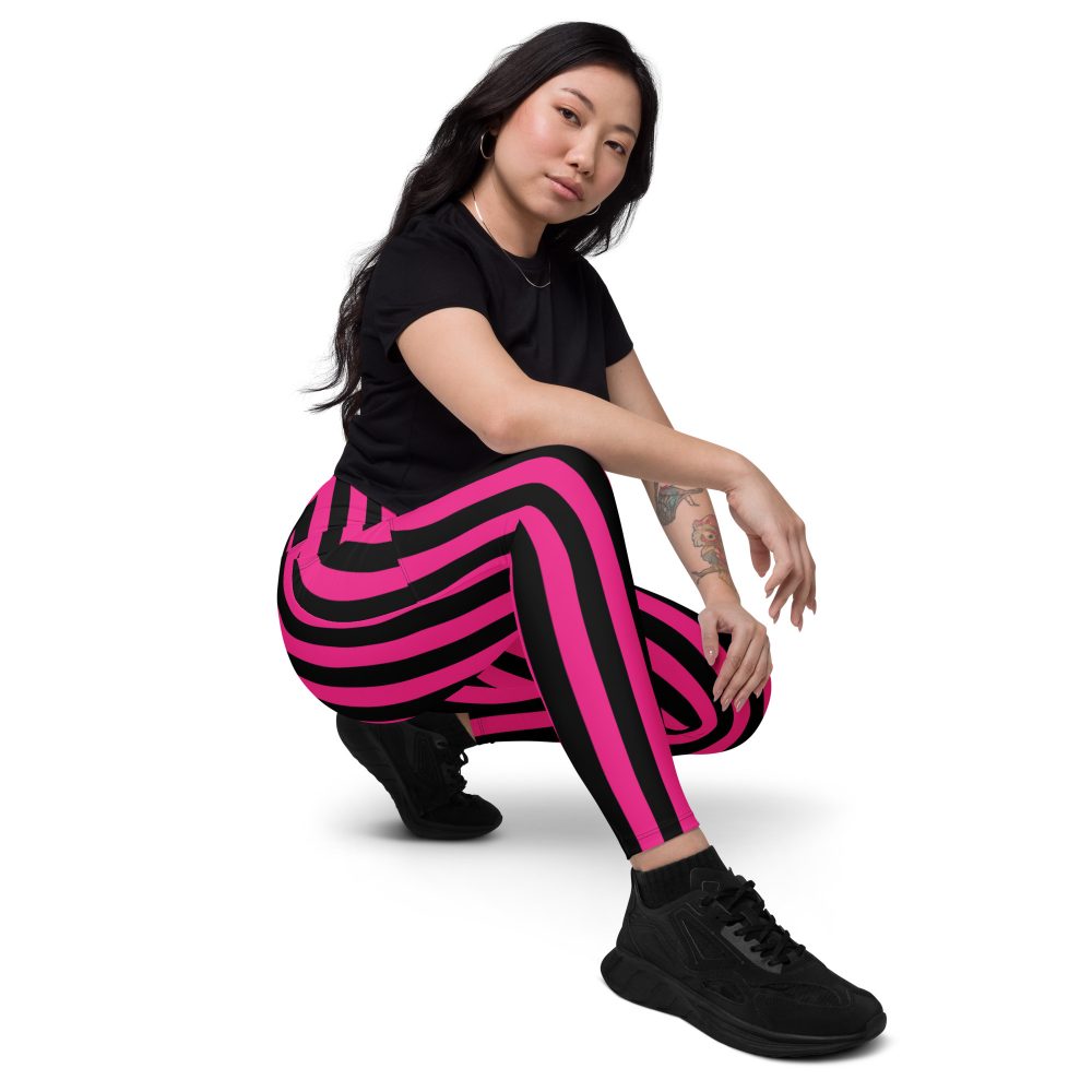 Pink Magenta and Black Stripes Pirate Witch Goth Costume Striped Crossover leggings with pockets - Image 2