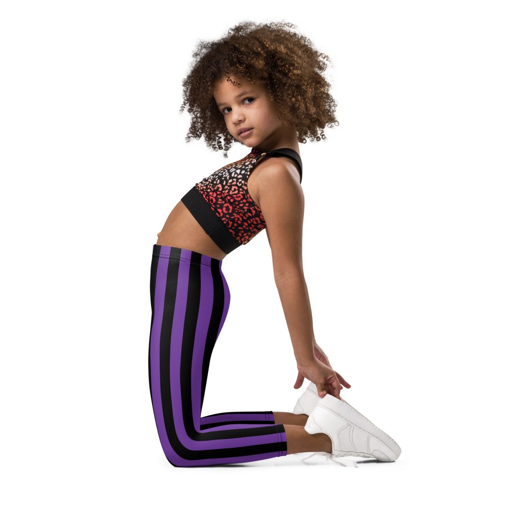 Violet – Purple and Black Stripes Pirate Witch Goth Costume Striped Kid's Leggings - Image 5