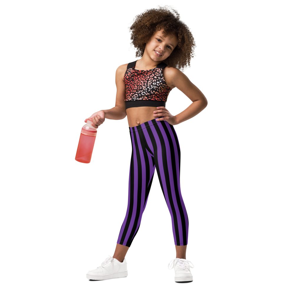 Violet – Purple and Black Stripes Pirate Witch Goth Costume Striped Kid's Leggings - Image 2