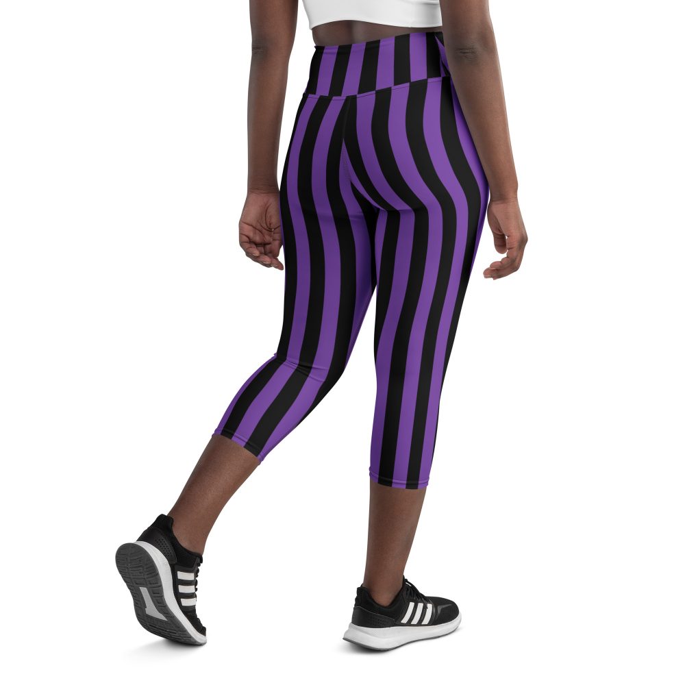 Violet – Purple and Black Stripes Pirate Witch Goth Costume Striped Yoga Capri Leggings - Image 7