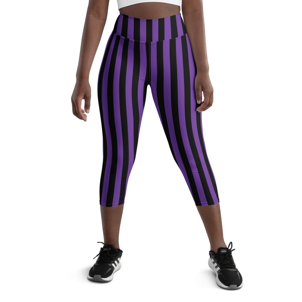 Violet – Purple and Black Stripes Pirate Witch Goth Costume Striped Yoga Capri Leggings