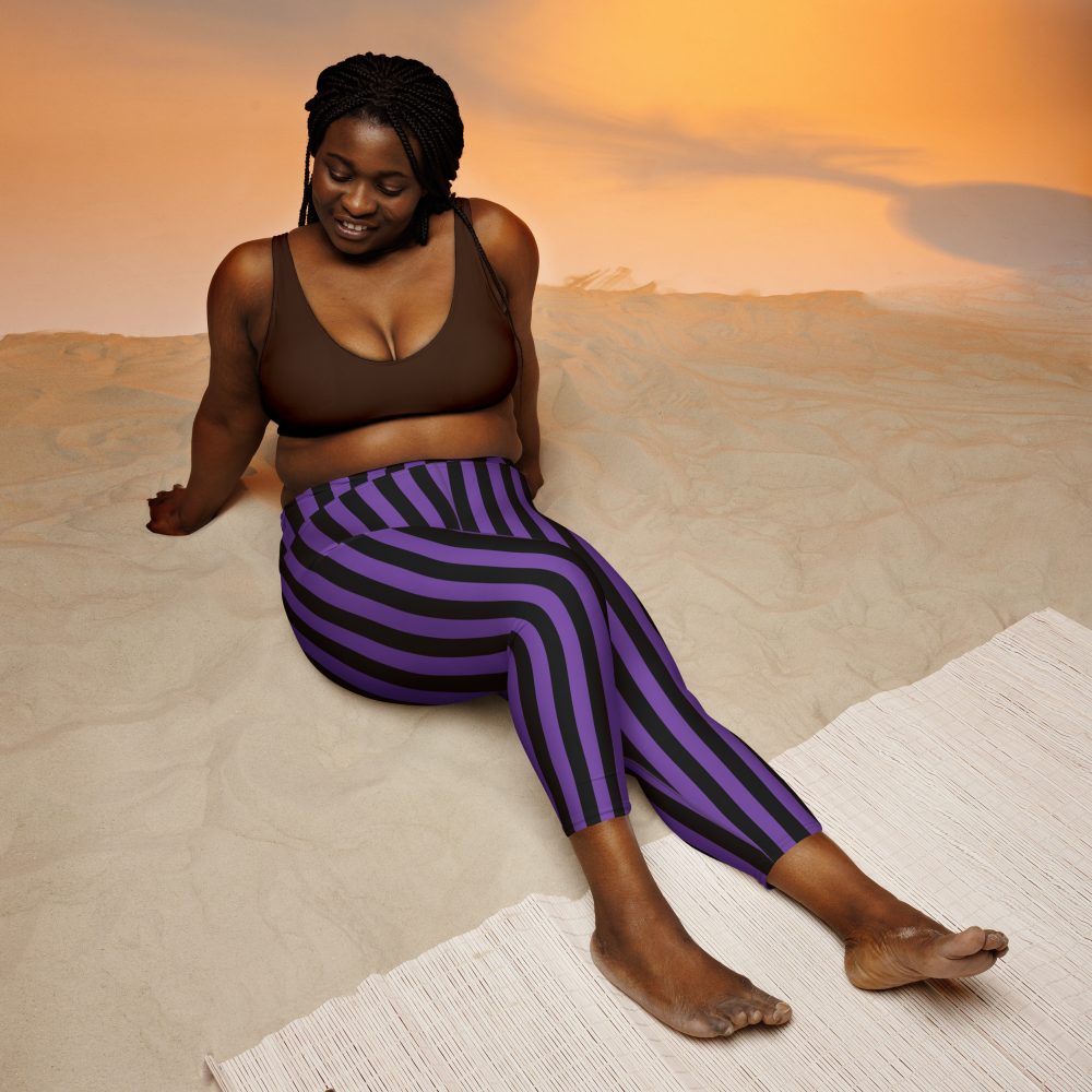 Violet – Purple and Black Stripes Pirate Witch Goth Costume Striped Yoga Capri Leggings - Image 2