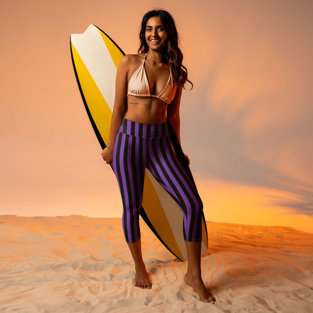 Violet – Purple and Black Stripes Pirate Witch Goth Costume Striped Yoga Capri Leggings - Image 4