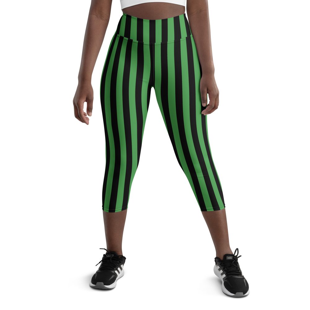 Green and Black Stripes Halloween Witch Pirate Costume Striped Yoga Capri Leggings
