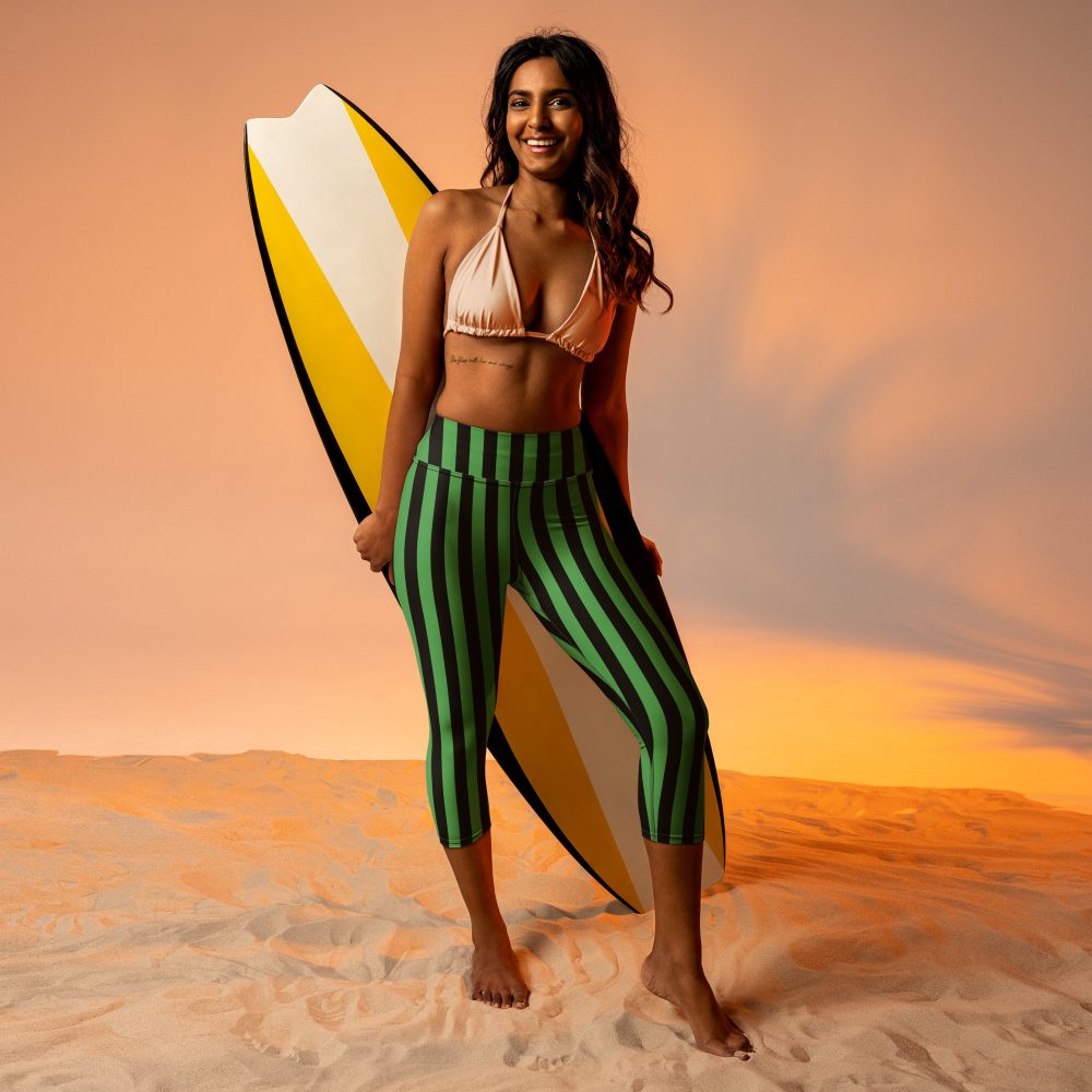 Green and Black Stripes Halloween Witch Pirate Costume Striped Yoga Capri Leggings - Image 4
