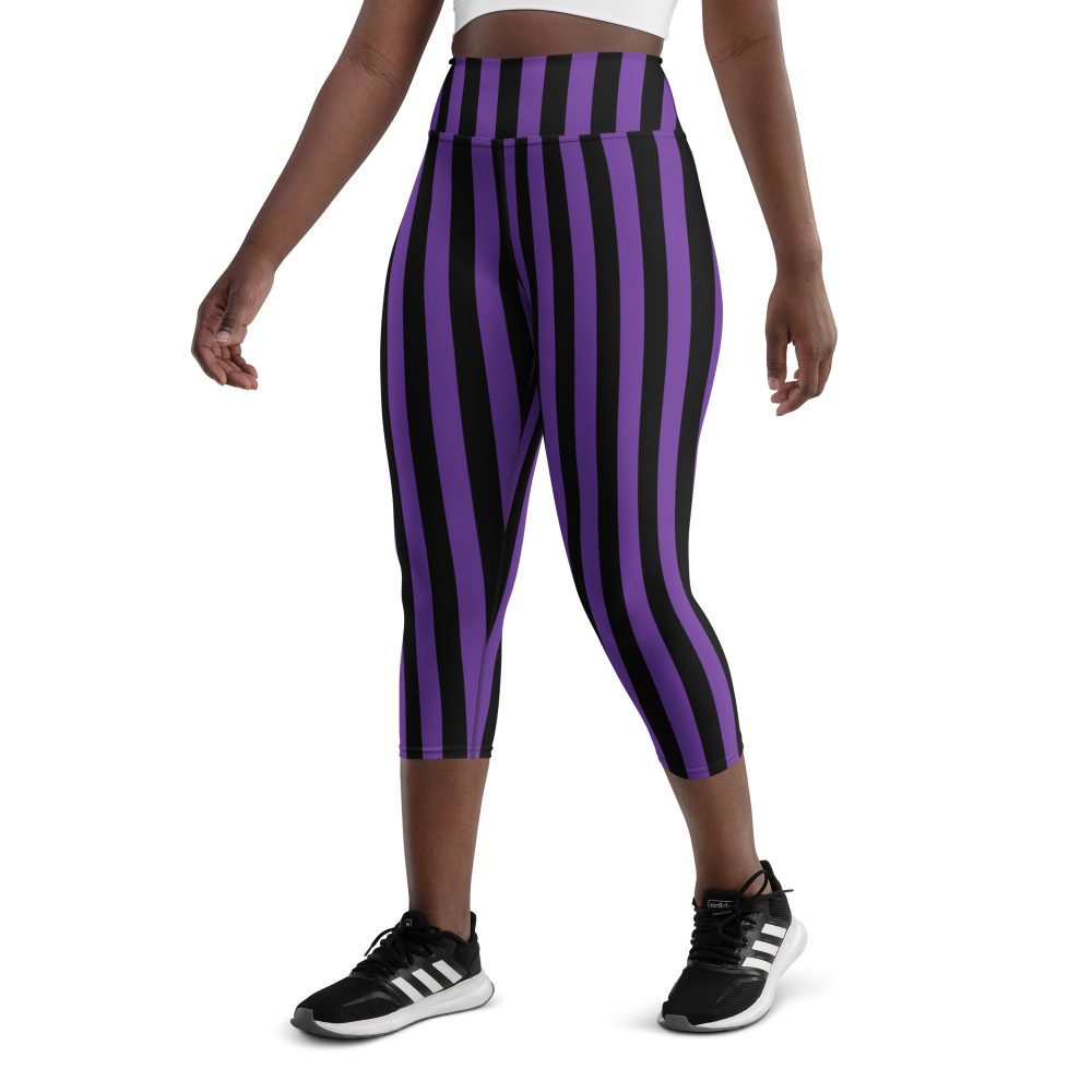 Violet – Purple and Black Stripes Pirate Witch Goth Costume Striped Yoga Capri Leggings - Image 6