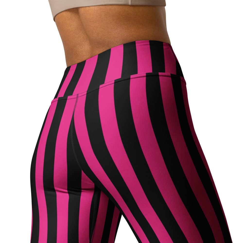 Pink Magenta and Black Stripes Pirate Witch Goth Costume Striped Yoga Leggings - Image 11