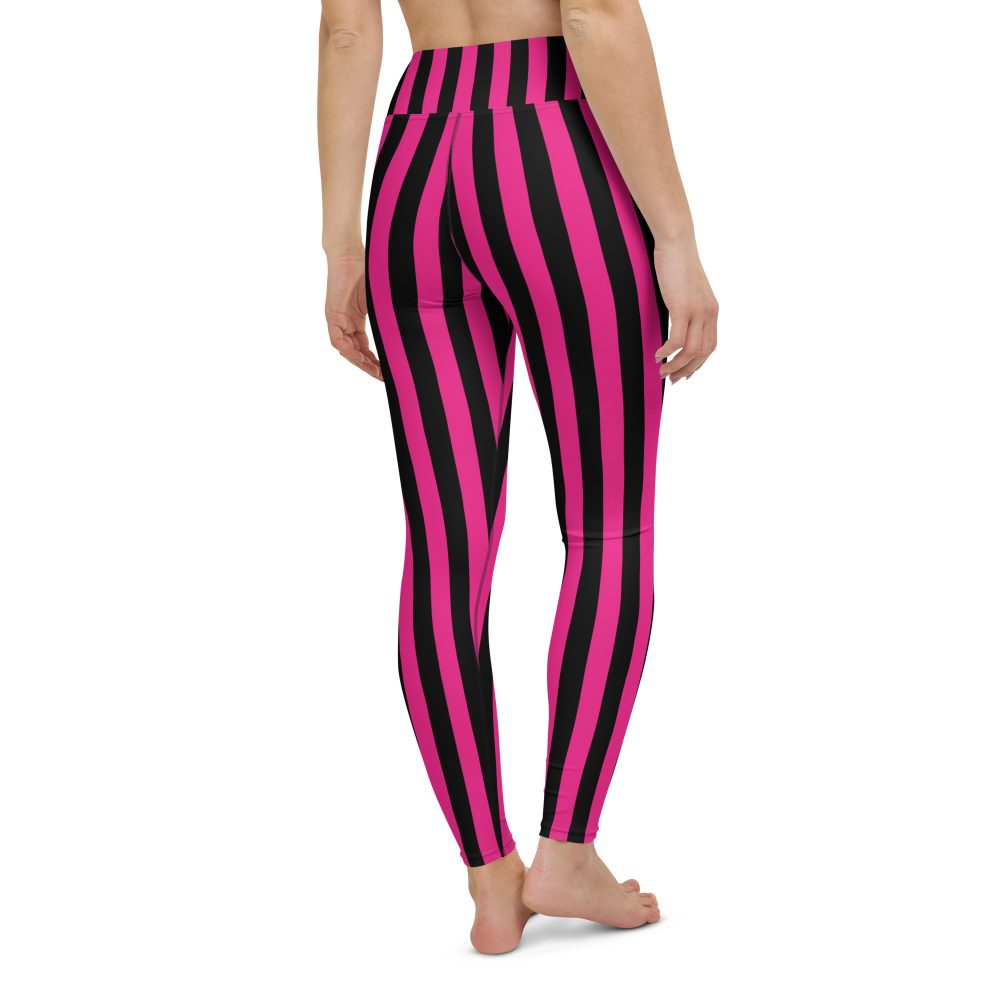 Pink Magenta and Black Stripes Pirate Witch Goth Costume Striped Yoga Leggings - Image 4