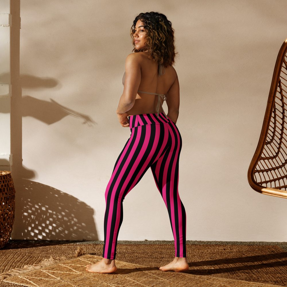 Pink Magenta and Black Stripes Pirate Witch Goth Costume Striped Yoga Leggings - Image 7