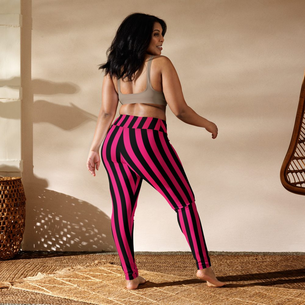 Pink Magenta and Black Stripes Pirate Witch Goth Costume Striped Yoga Leggings - Image 8