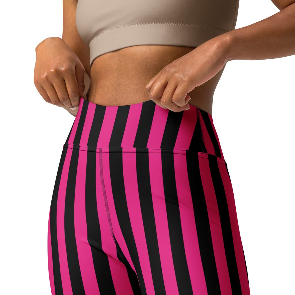 Pink Magenta and Black Stripes Pirate Witch Goth Costume Striped Yoga Leggings - Image 10